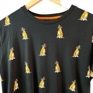 Halloween‎ Dog Print Men's Black Shirt Size Medium Witch Hat Novelty Casual Tee